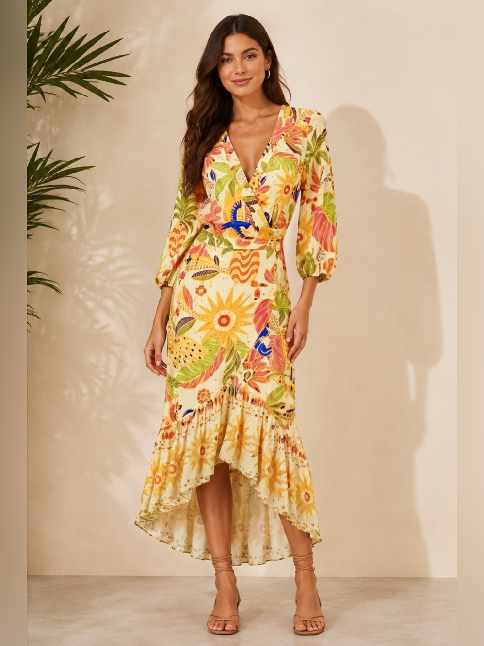 Farm Rio by Anthropologie Wrap Ruffled Hem Multicolor Floral High Low Dress M